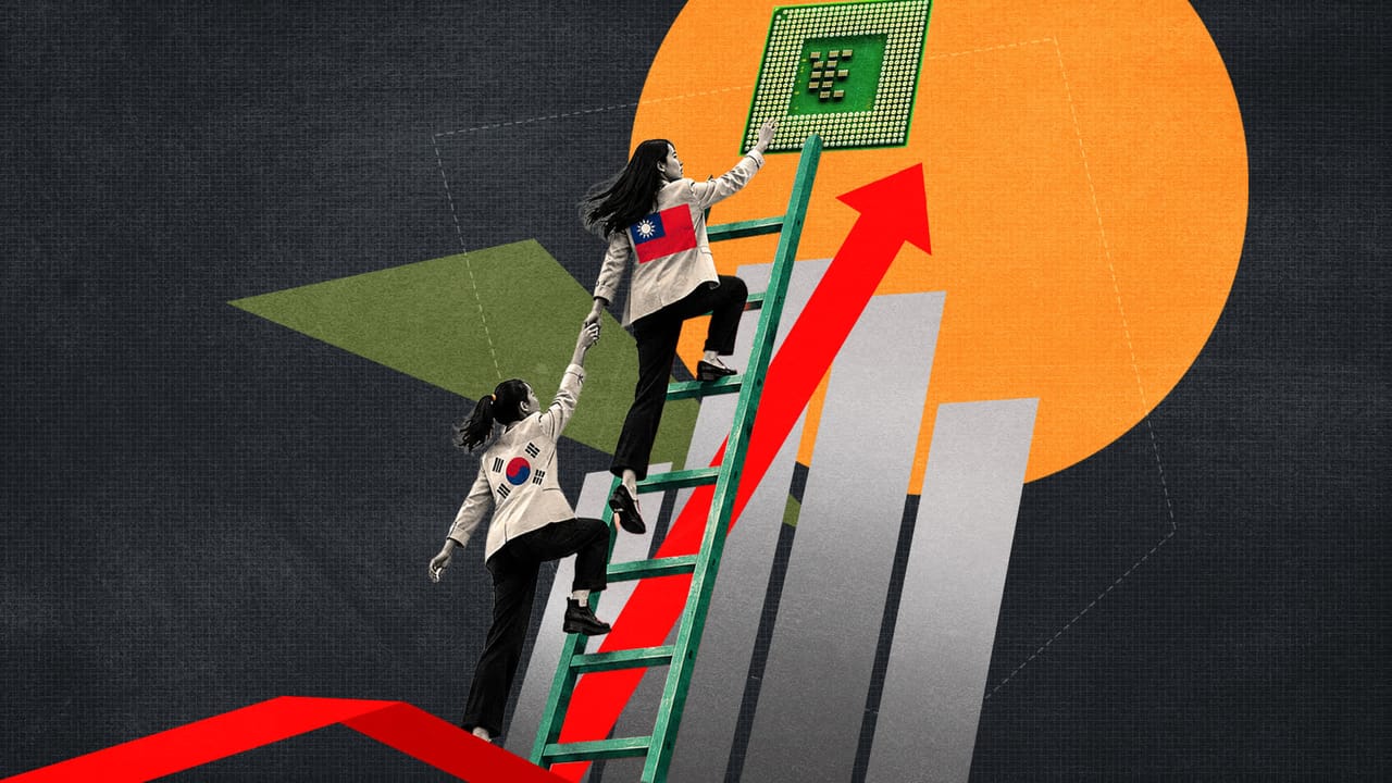 CNBC editorial illustration linking Taiwan and South Korea to semiconductor-market growth.