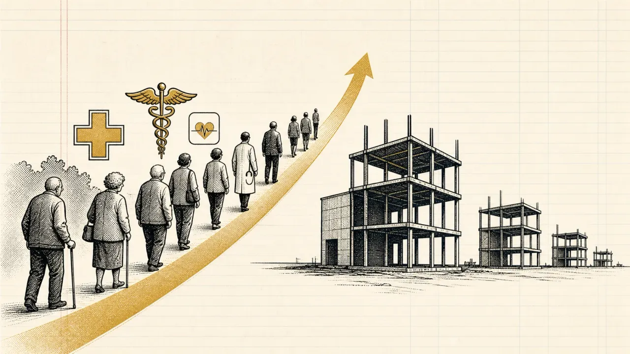Medical outpatient building beside aging-population and constrained-construction indicators.