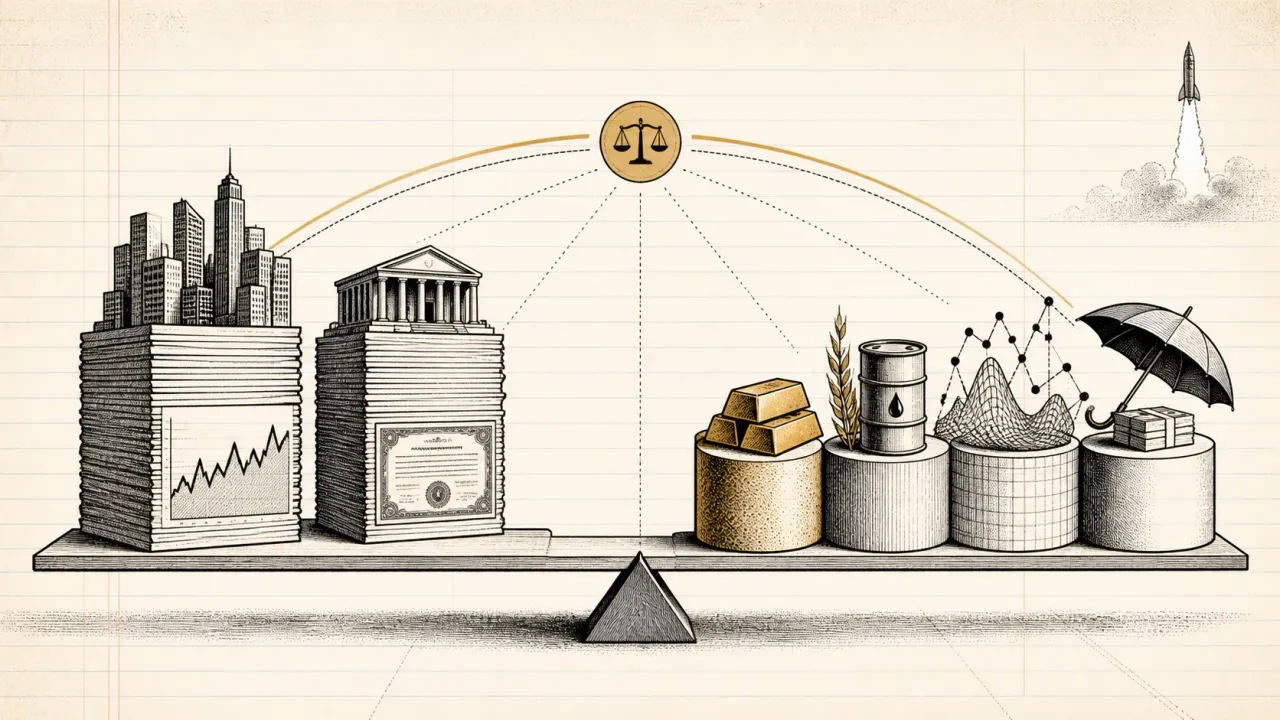Portfolio balance spanning stocks, bonds, real assets, alternatives and a distant launch.